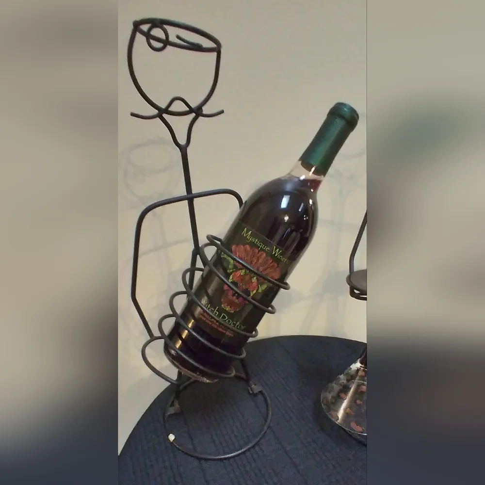 MCM Metal Wire Frenchman Sculpture Wine and Glass Bottle Holder Set